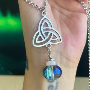 Celtic knot necklace with rose quartz & iridescent blue rainbow crystal ball